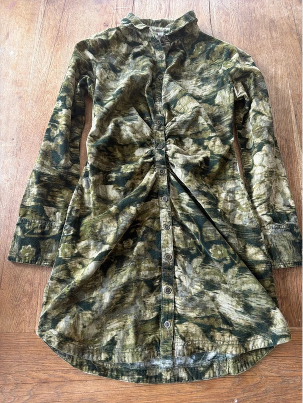 Pilcro Anthropologie Ruched Corduroy Shirt Dress Green Abstract Print Size 4